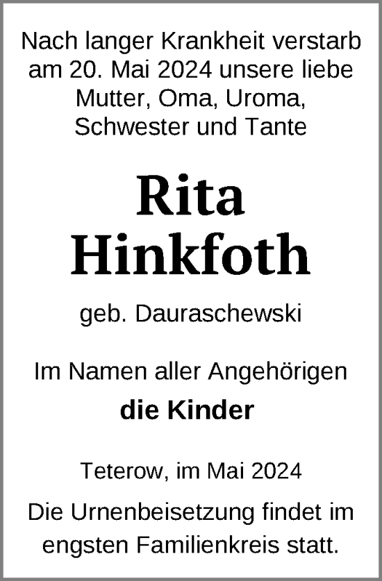 Traueranzeige von Rita Hinkfoth von Nordkurier Mecklenburger Schweiz