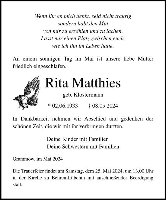 Traueranzeige von Rita Matthies 