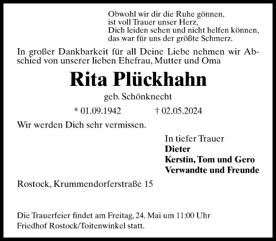 Traueranzeige von Rita Plückhahn 