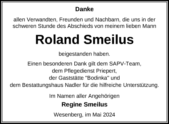 Traueranzeige von Roland Smeilus von Nordkurier Strelitzer Zeitung