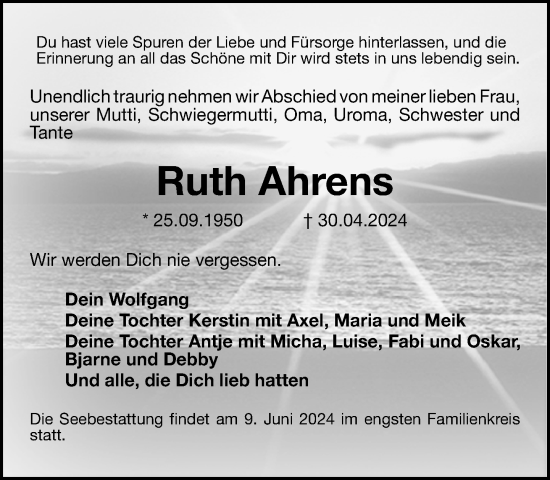 Traueranzeige von Ruth Ahrens 