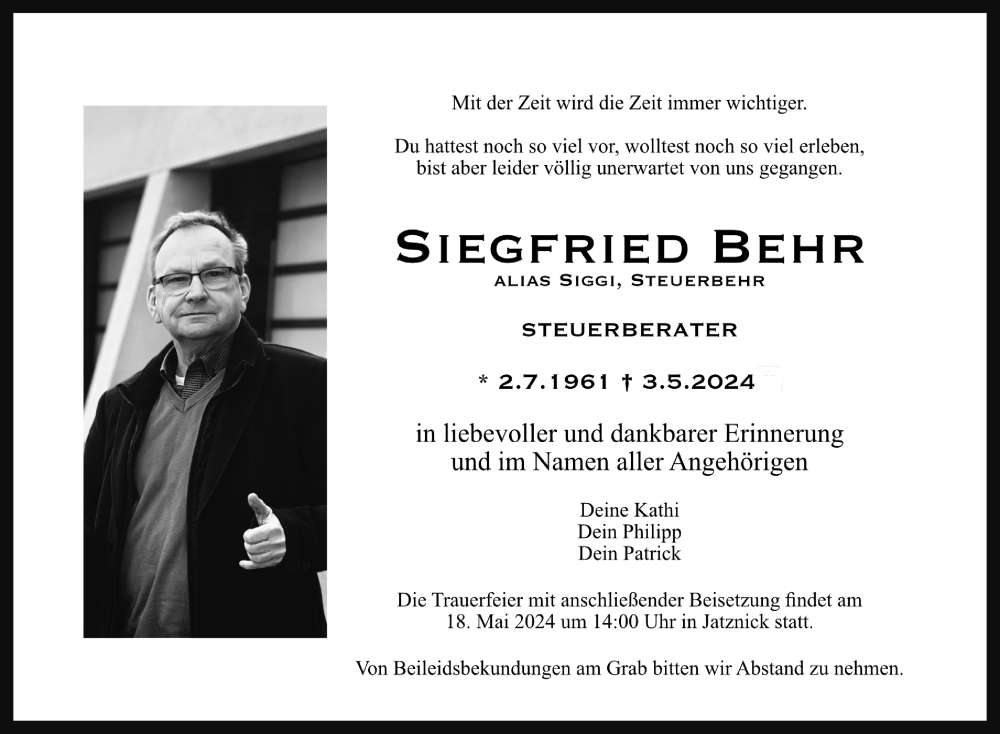  Traueranzeige für Siegfried Behr vom 11.05.2024 aus Nordkurier Neubrandenburger Zeitung