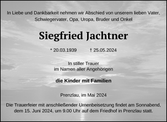 Traueranzeige von Siegfried Jachtner von Uckermark Kurier Prenzlauer Zeitung