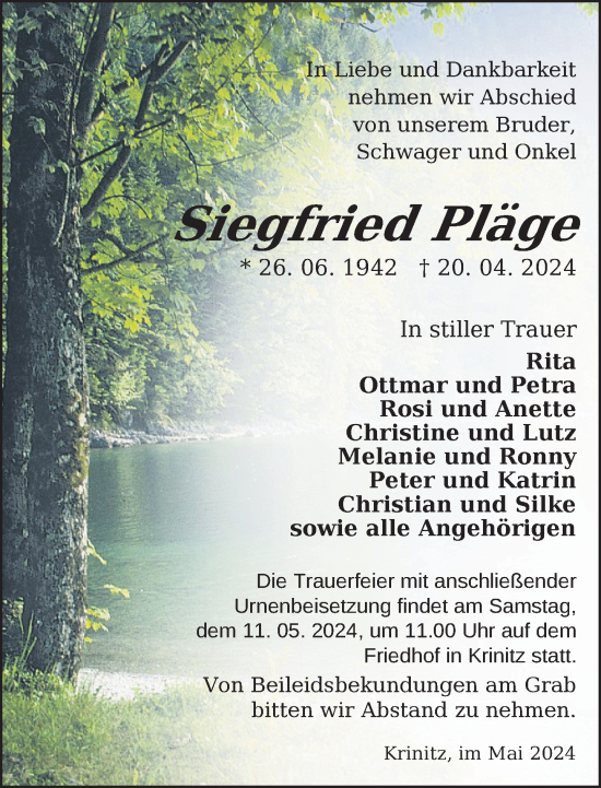 Traueranzeige von Siegfried Pläge 