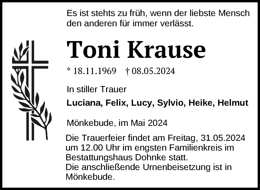  Traueranzeige für Toni Krause vom 18.05.2024 aus Nordkurier Haff-Zeitung