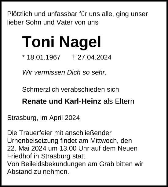 Traueranzeige von Toni Nagel von Nordkurier Pasewalker Zeitung