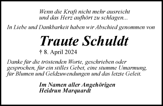 Traueranzeige von Traute Schuldt 