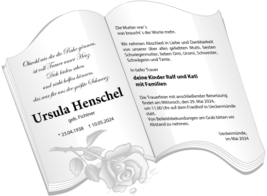 Traueranzeige von Ursula Henschel von Nordkurier Haff-Zeitung