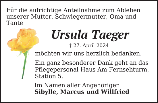 Traueranzeige von Ursula Taeger 