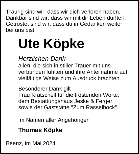 Traueranzeige von Ute Köpke von Uckermark Kurier Prenzlauer Zeitung