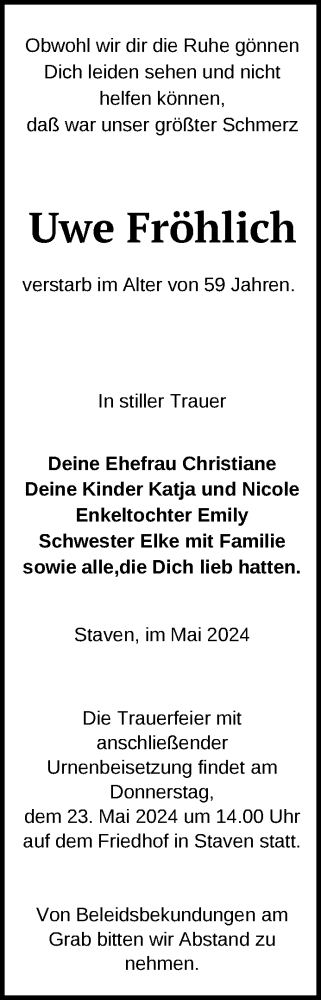 Traueranzeige von Uwe Fröhlich von Nordkurier Neubrandenburger Zeitung