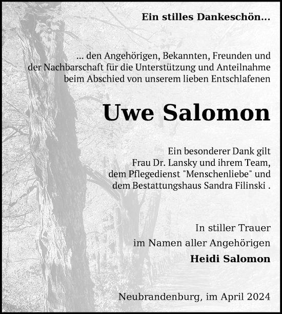Traueranzeige von Uwe Salomon von Nordkurier Neubrandenburger Zeitung