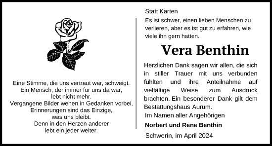 Traueranzeige von Vera Benthin 