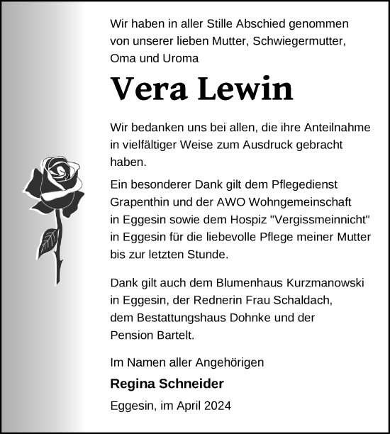 Traueranzeige von Vera Lewin von Nordkurier Haff-Zeitung