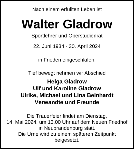Traueranzeige von Walter Gladrow von Nordkurier Neubrandenburger Zeitung