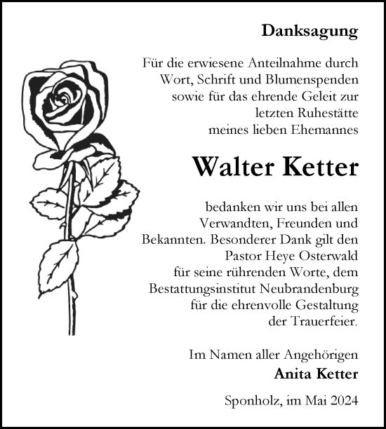 Traueranzeige von Walter Ketter von Nordkurier Neubrandenburger Zeitung