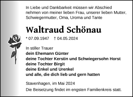 Traueranzeige von Waltraud Schönau von Nordkurier Mecklenburger Schweiz