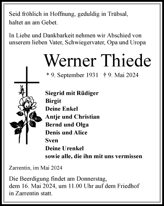 Traueranzeige von Werner Thiede 