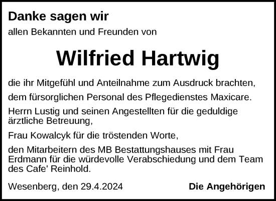 Traueranzeige von Wilfried Hartwig von Nordkurier Strelitzer Zeitung