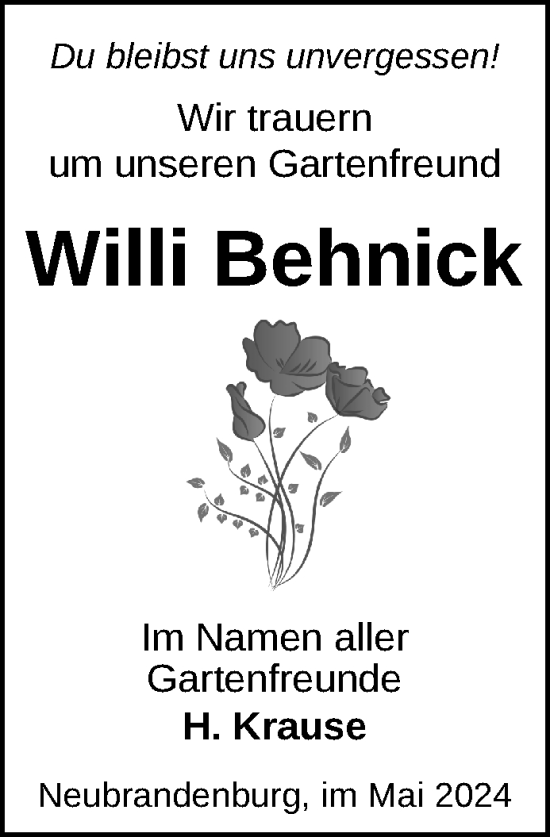 Traueranzeige von Willi Behnick von Nordkurier Neubrandenburger Zeitung