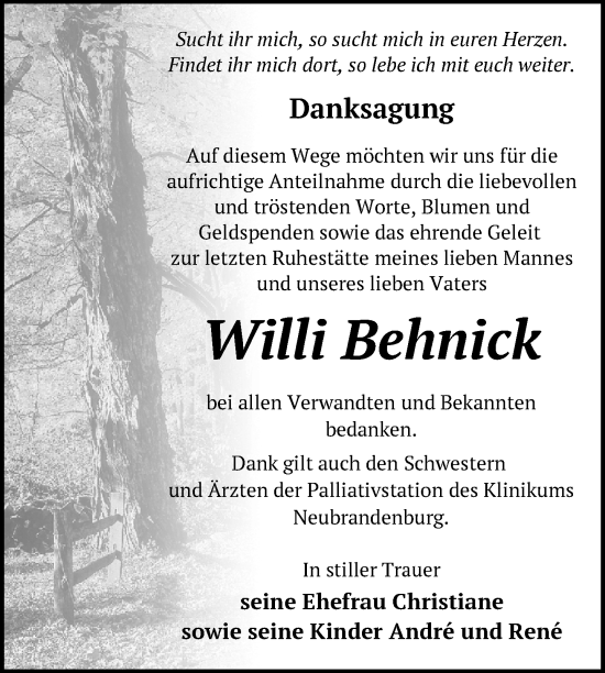 Traueranzeige von Willi Behnick von Nordkurier Neubrandenburger Zeitung