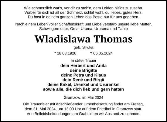 Traueranzeige von Wladislawa Thomas von Uckermark Kurier Prenzlauer Zeitung