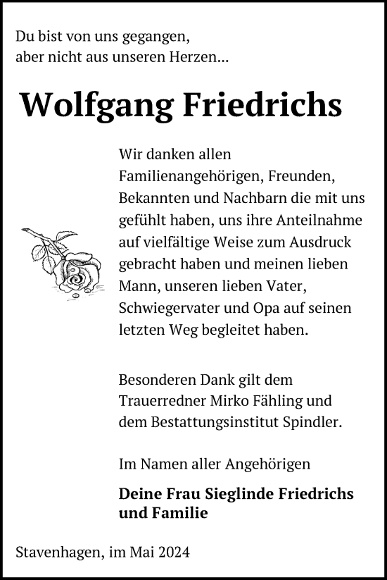 Traueranzeige von Wolfgang Friedrichs von Nordkurier Mecklenburger Schweiz