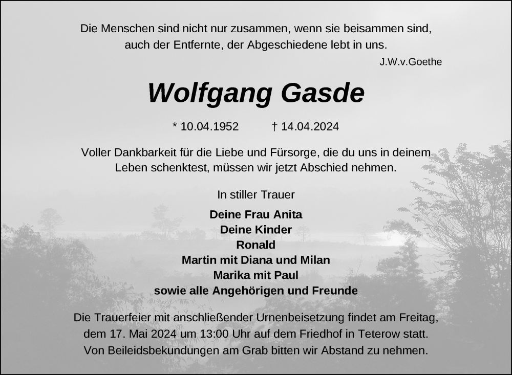  Traueranzeige für Wolfgang Gasde vom 04.05.2024 aus Nordkurier Mecklenburger Schweiz