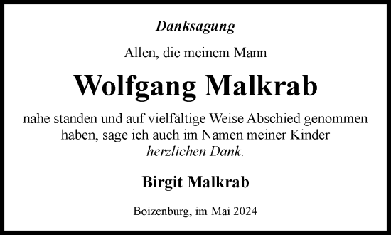 Traueranzeige von Wolfgang Malkrab 