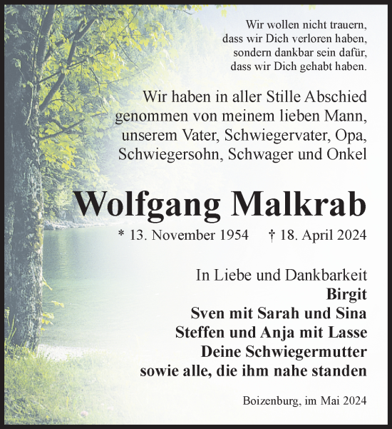 Traueranzeige von Wolfgang Malkrab 