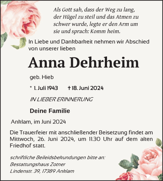 Traueranzeige von Anna Dehrheim von Nordkurier Vorpommern Kurier