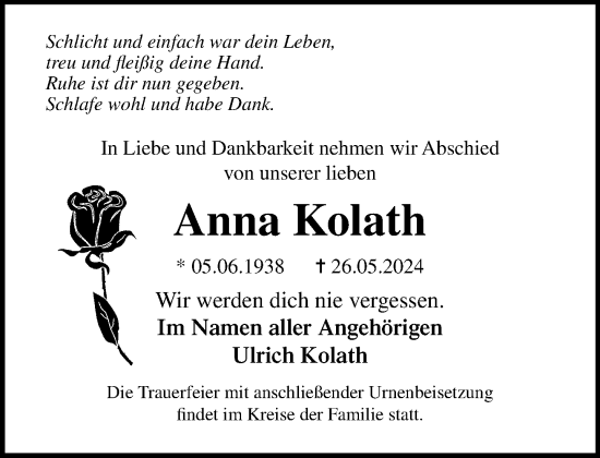 Traueranzeige von Anna Kolath von Norddeutsche Neueste Nachrichten