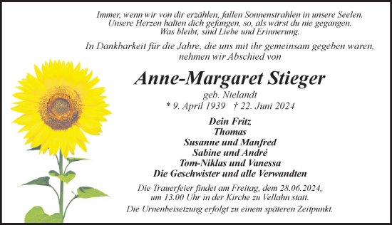 Traueranzeige von Anne-Margaret Stieger von Hagenower Kreisblatt