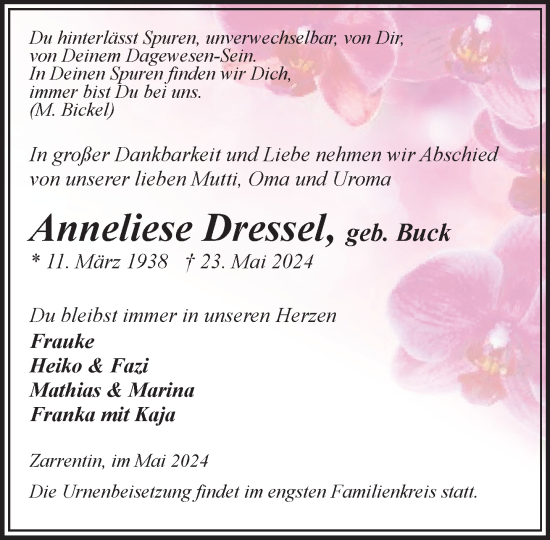 Traueranzeige von Anneliese Dressel 