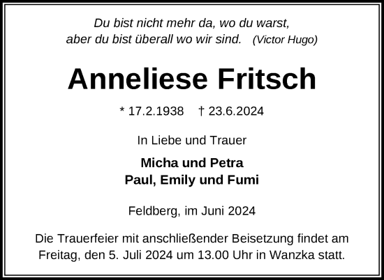 Traueranzeige von Anneliese Fritsch von Nordkurier Neubrandenburger Zeitung