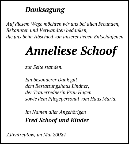 Traueranzeige von Anneliese Schoof von Nordkurier Neubrandenburger Zeitung