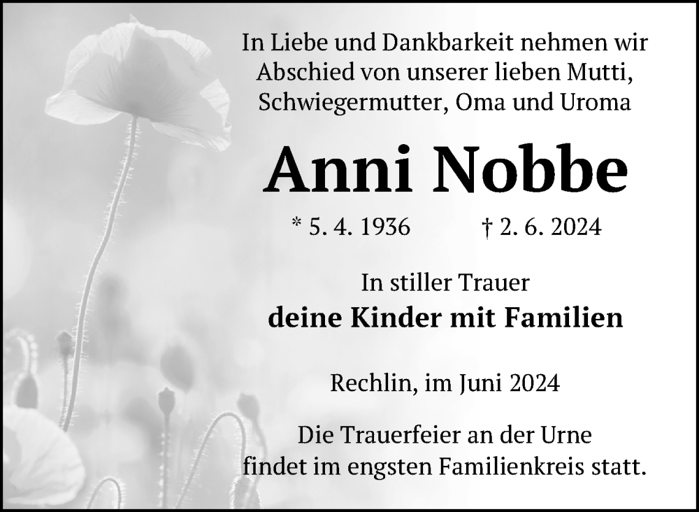  Traueranzeige für Anni Nobbe vom 08.06.2024 aus 