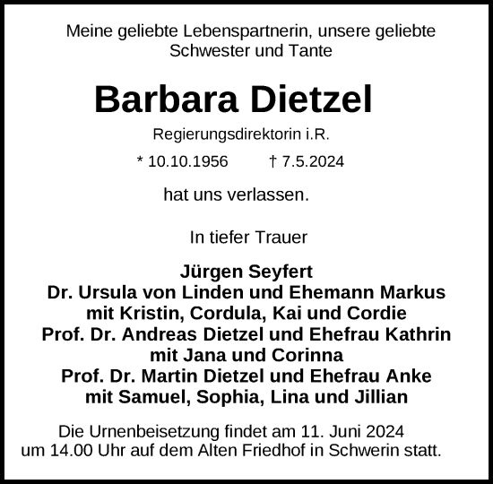 Traueranzeige von Barbara Dietzel 