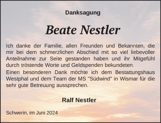 Traueranzeige von Beate Nestler von Zeitung für die Landeshauptstadt