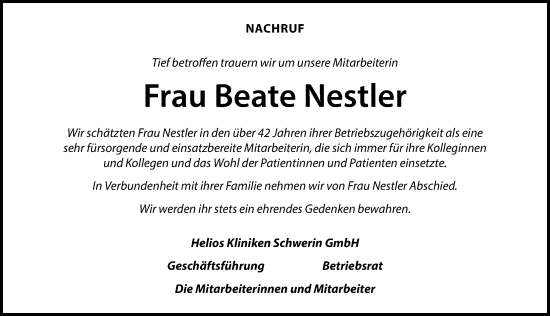 Traueranzeige von Beate Nestler von Zeitung für die Landeshauptstadt