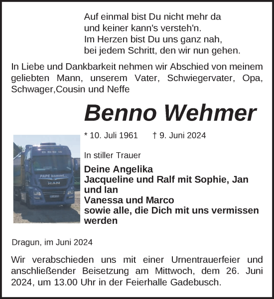 Traueranzeige von Benno Wehmer von Gadebusch - Rehnaer Zeitung