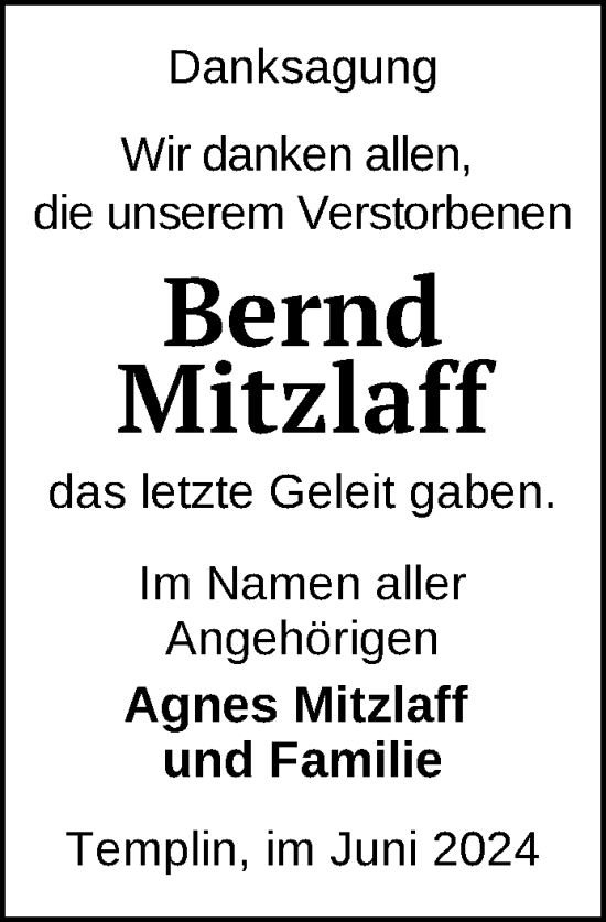 Traueranzeige von Bernd Mitzlaff von Uckermark Kurier Templiner Zeitung