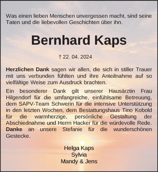 Traueranzeige von Bernhard Kaps 