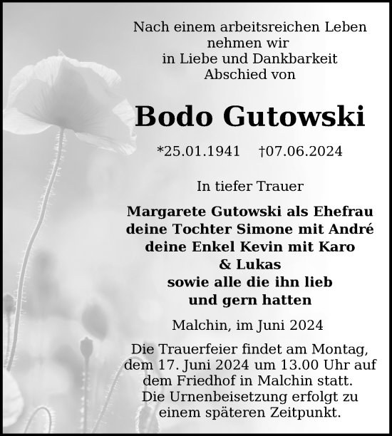 Traueranzeige von Bodo Gutowski von Nordkurier Mecklenburger Schweiz