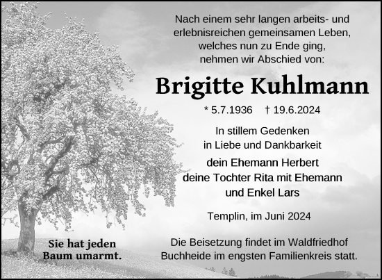 Traueranzeige von Brigitte Kuhlmann von Uckermark Kurier Templiner Zeitung