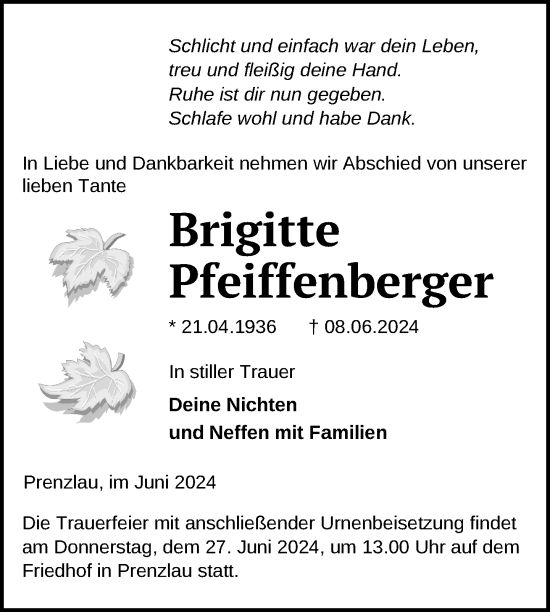 Traueranzeige von Brigitte Pfeiffenberger von Uckermark Kurier Prenzlauer Zeitung