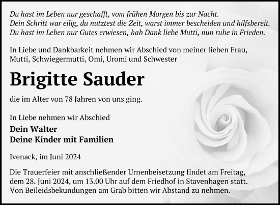 Traueranzeige von Brigitte Sauder von Nordkurier Neubrandenburger Zeitung