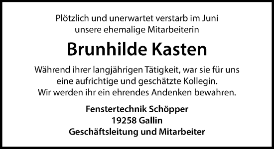 Traueranzeige von Brunhilde Kasten von Hagenower Kreisblatt