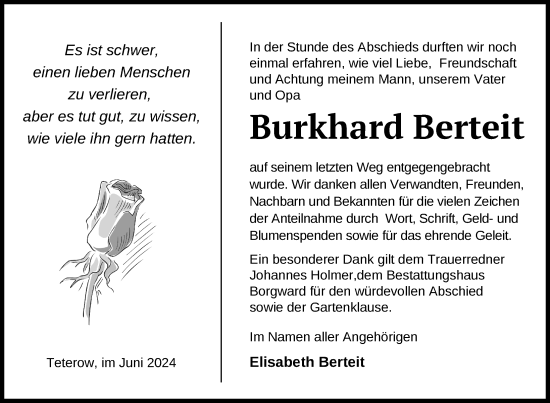 Traueranzeige von Burkhard Berteit von Nordkurier Mecklenburger Schweiz