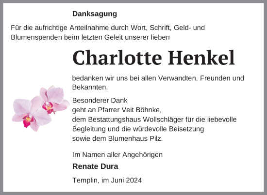 Traueranzeige von Charlotte Henkel von Uckermark Kurier Templiner Zeitung